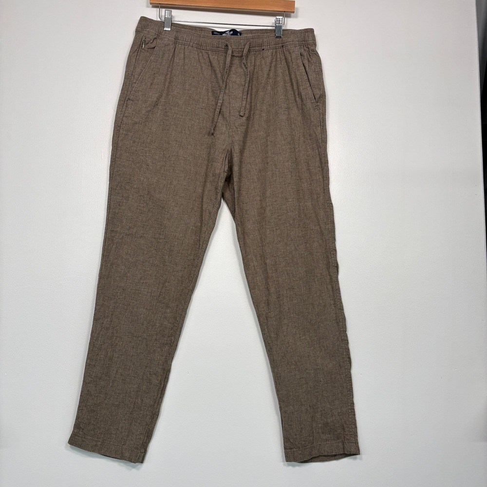 Hollister Mens Slim Straight Pant XL Brown Cotton Linen Blnd EpicFlex Drawstring